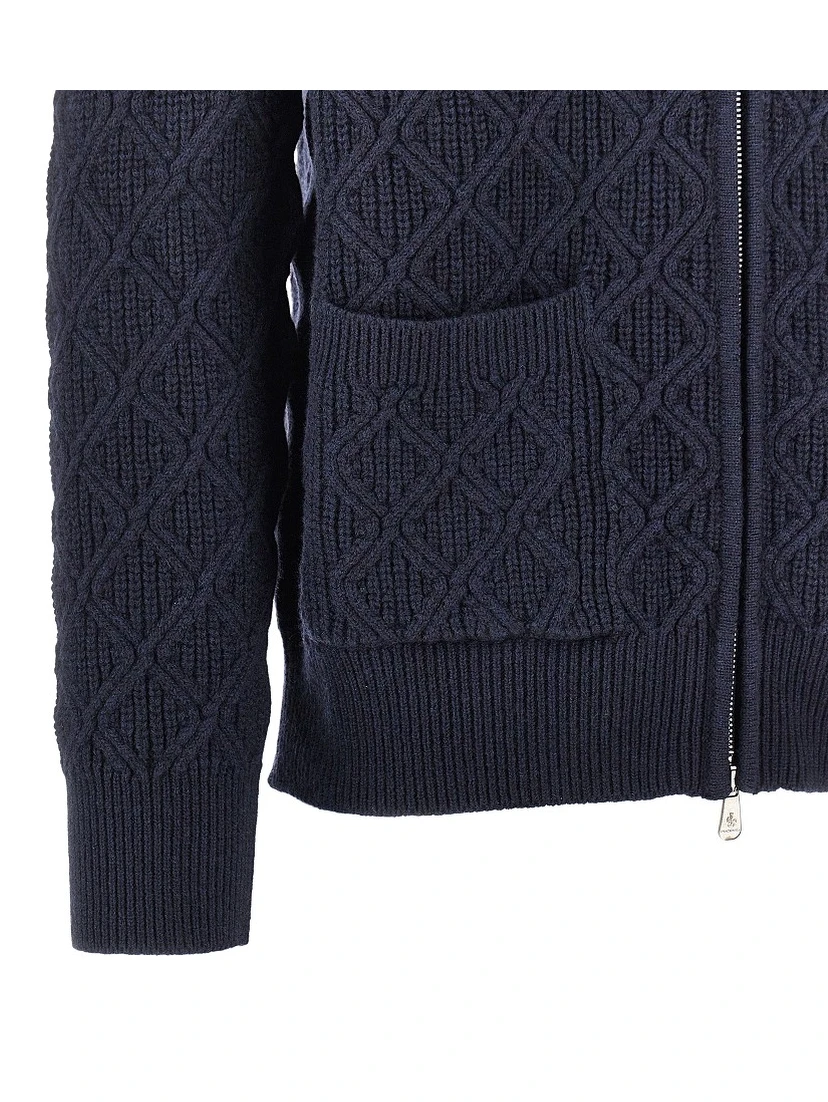 Diamond-motif wool full-zip cardigan