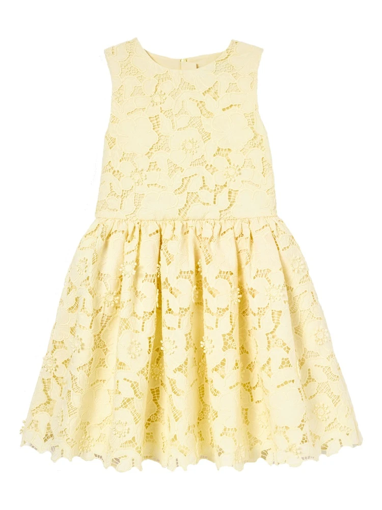 yellow sleeveless lace dress