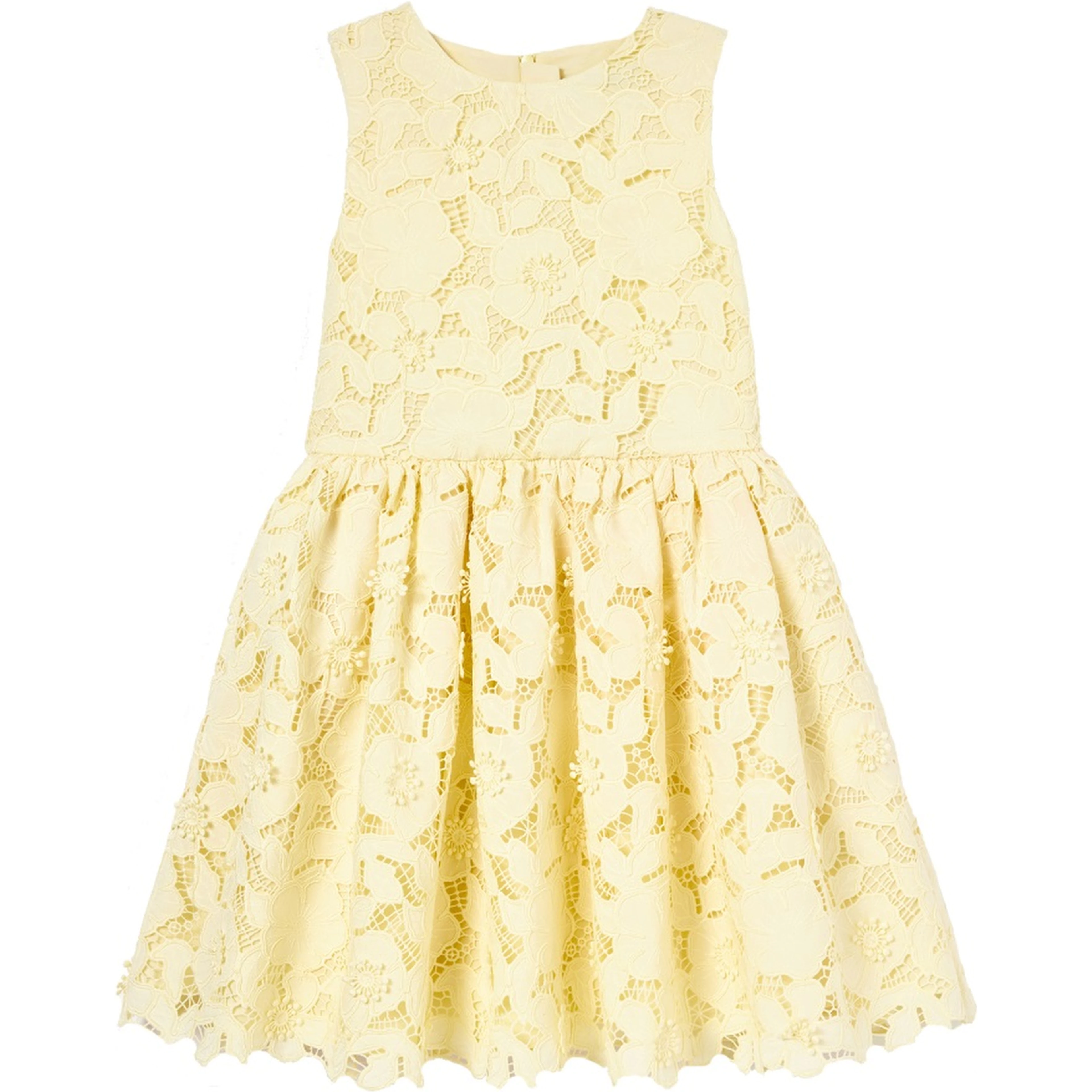 yellow sleeveless lace dress