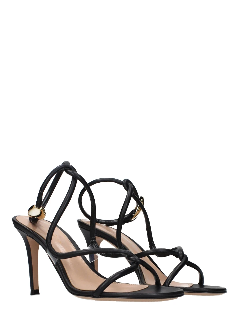 Black Leather Stiletto Heel Sandals