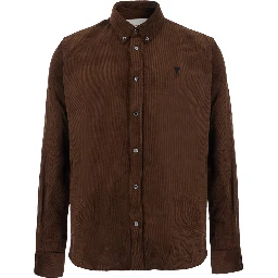 Classic mens brown shirt with button-down collar and fabric