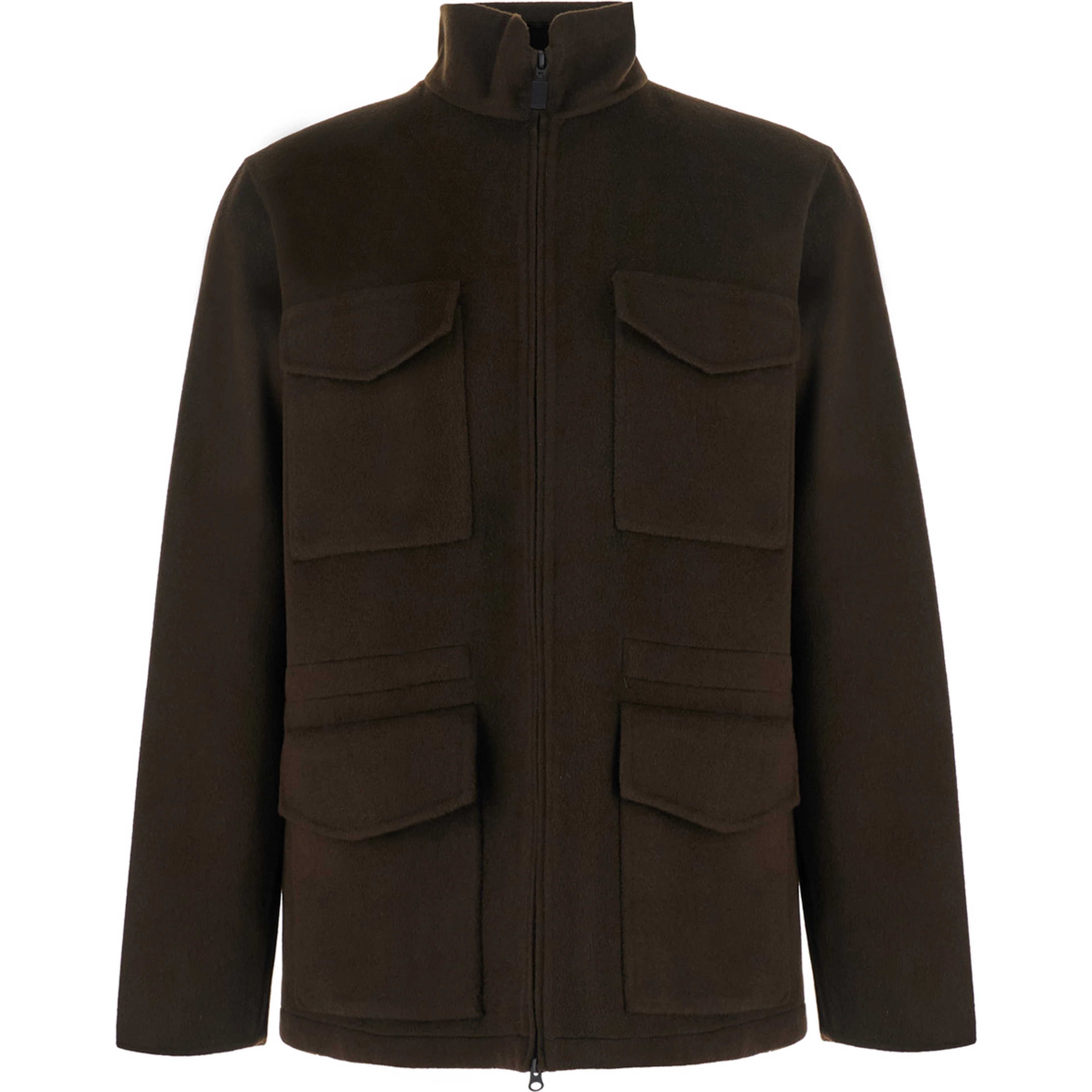 Jacket with Front Zip Closure and High Collar in Brown Wool for Women