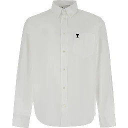 Boxy fit shirt with button-down collar and Ami de Coeur embroidery in white fabric for women