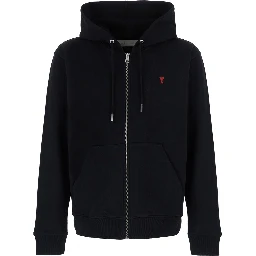 Black zip-up sweatshirt with AMI de Coeur logo in red, made of cotton, unisex