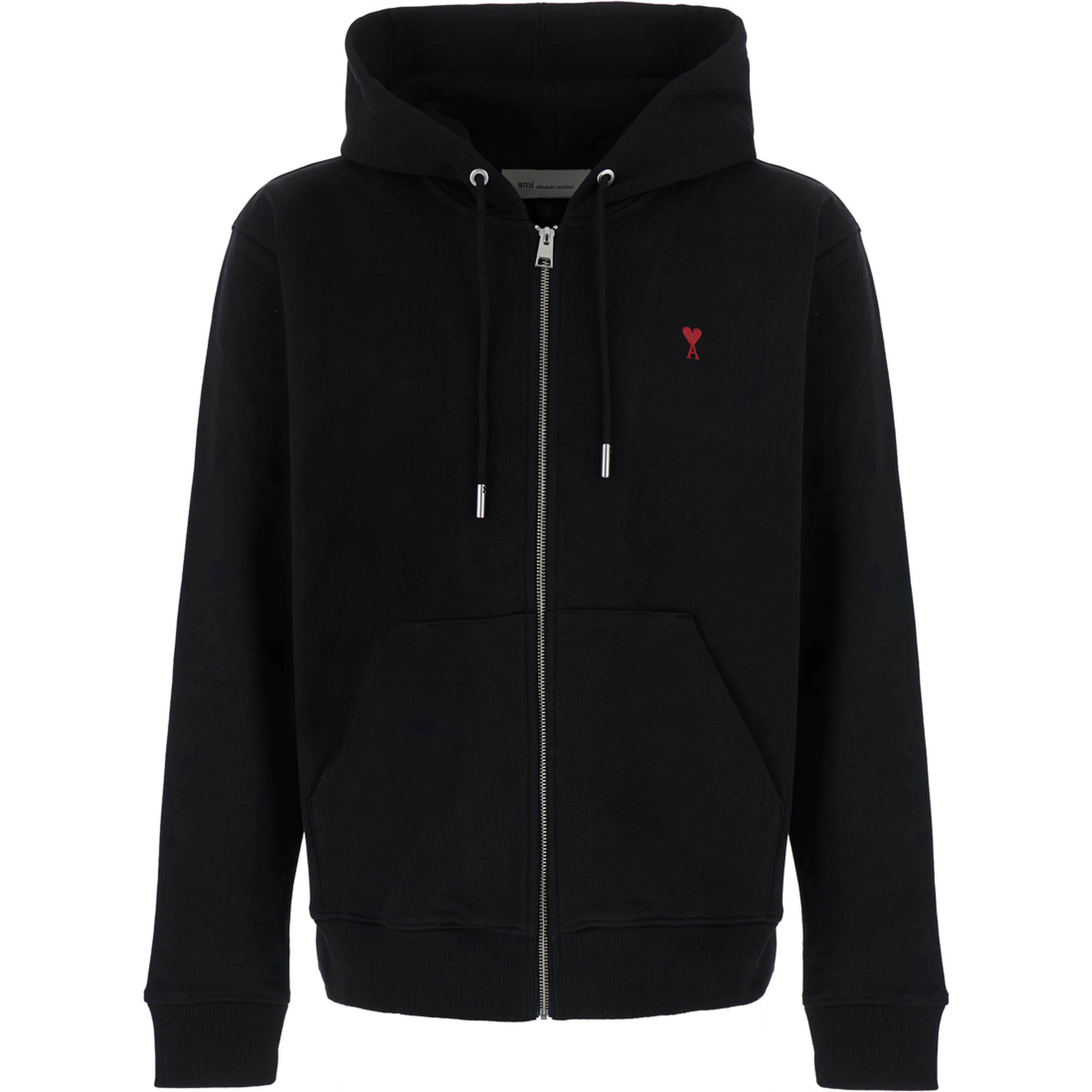Black zip-up sweatshirt with AMI de Coeur logo in red, made of cotton, unisex