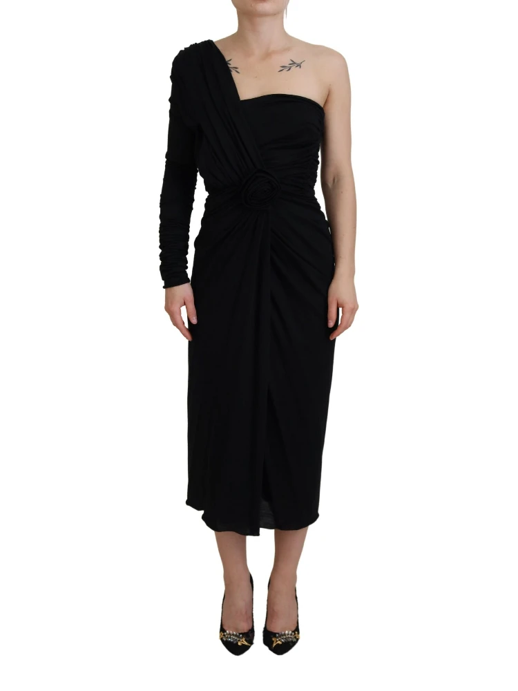 Black Wrap Sheath One Shoulder Wool Dress