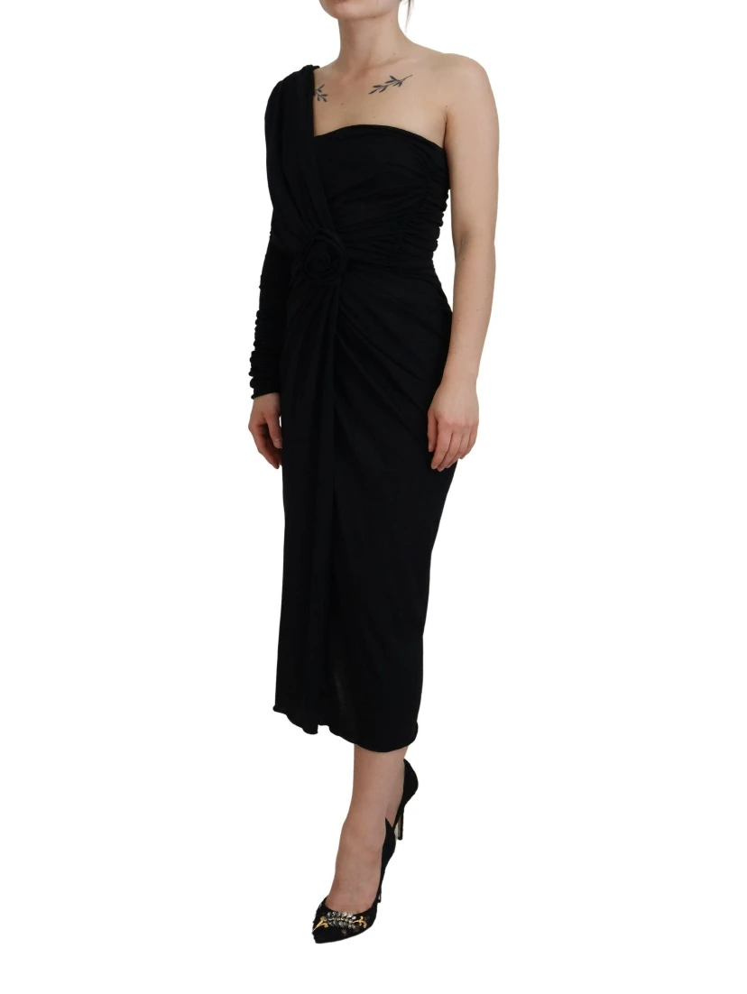 Black Wrap Sheath One Shoulder Wool Dress