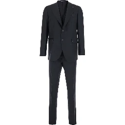 Single-breasted jacket and no-pleat pants with gray piping for men