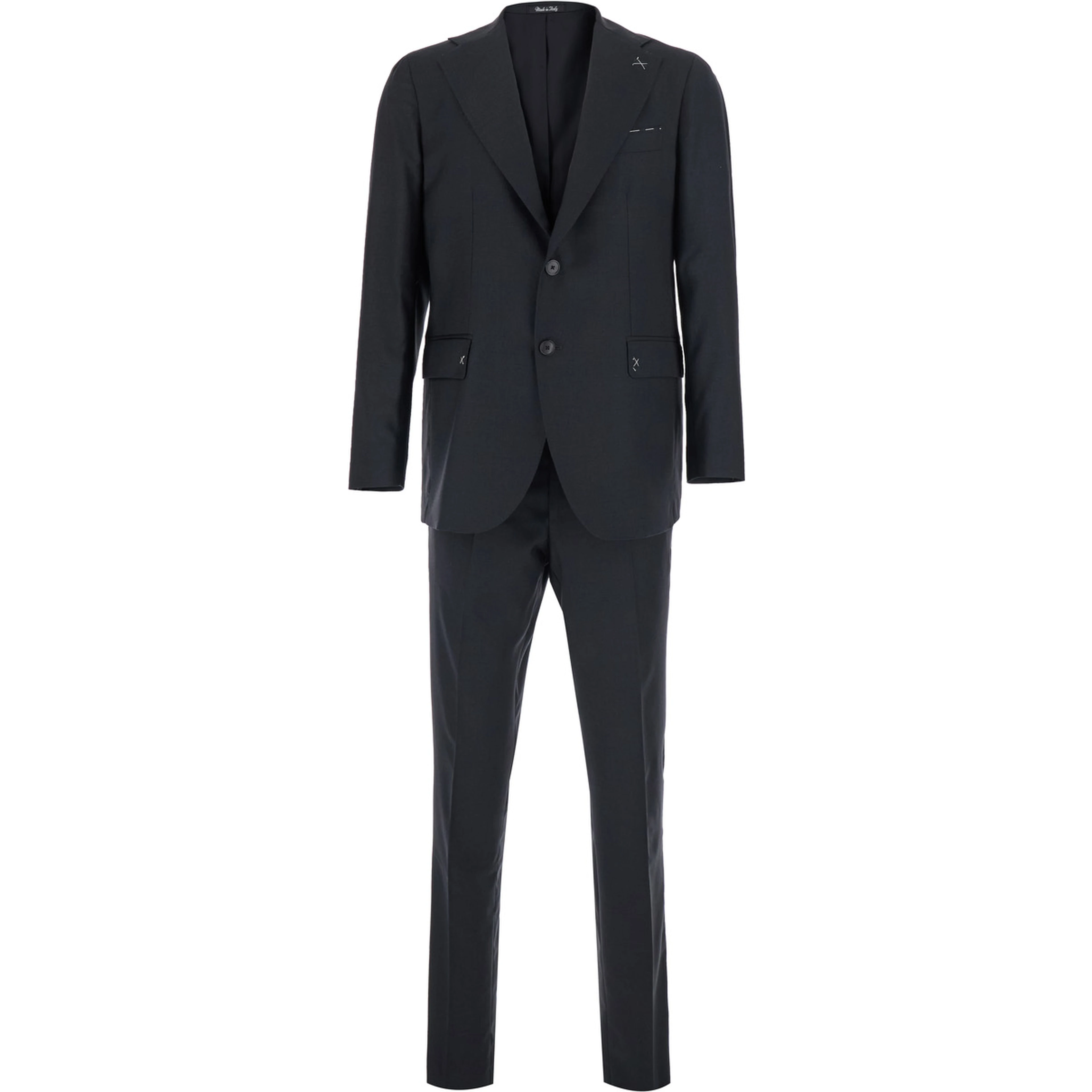 Single-breasted jacket and no-pleat pants with gray piping for men