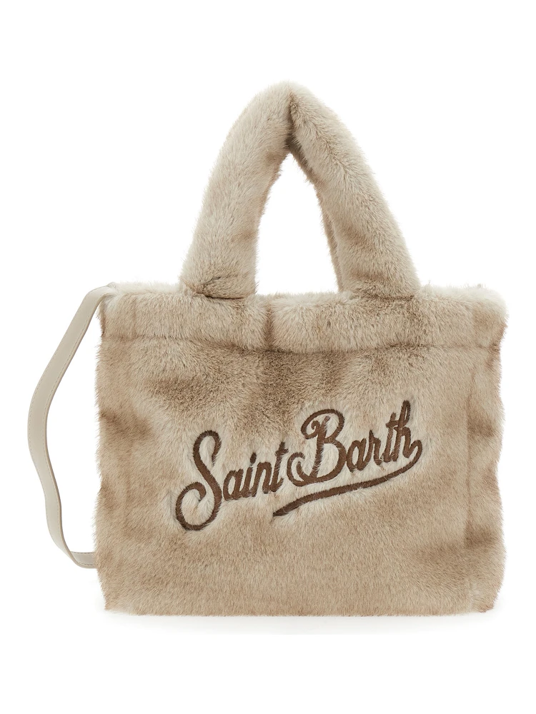 Beige Handbag with Shoulder Strap and Fur Effect in Tech Fabric for Women