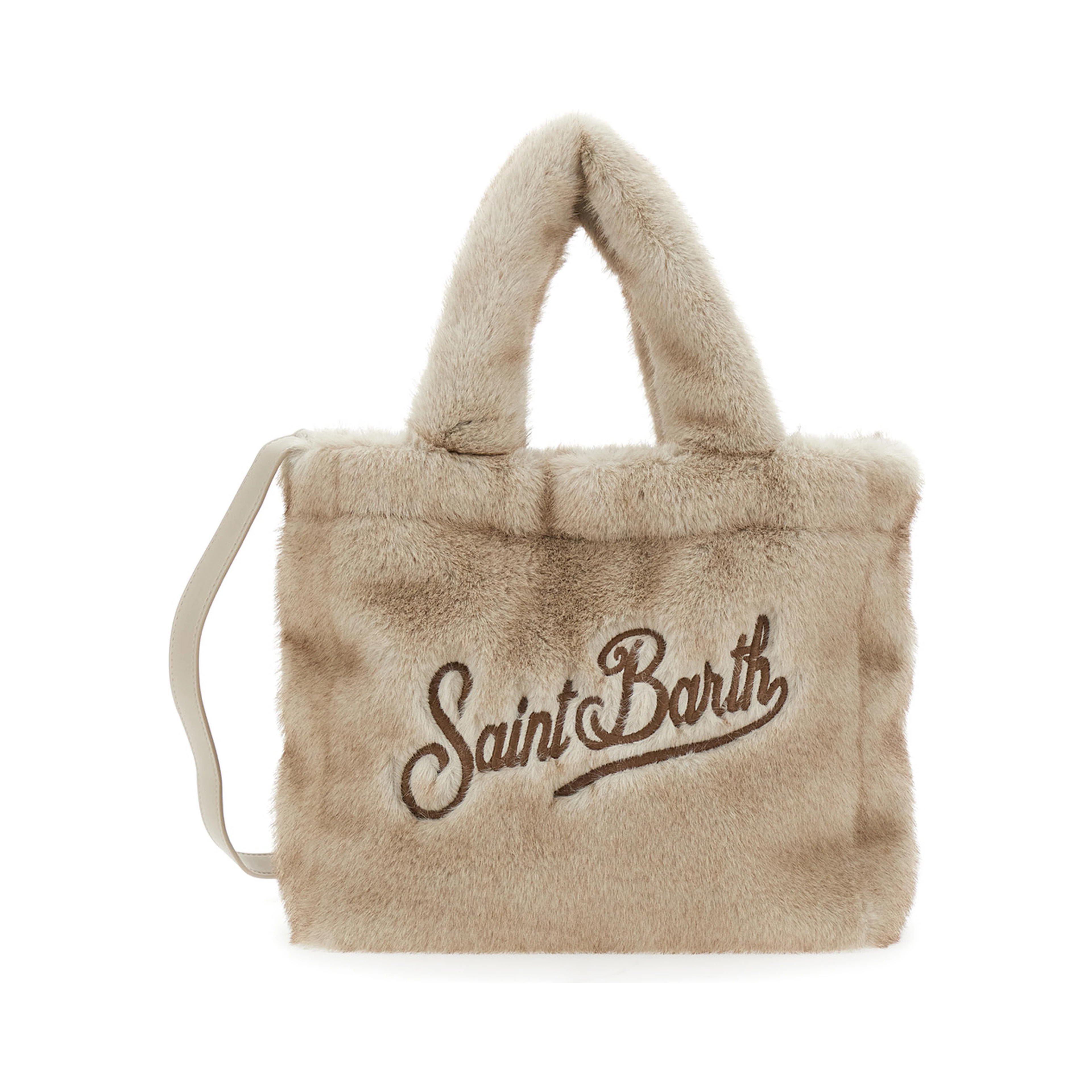 Beige Handbag with Shoulder Strap and Fur Effect in Tech Fabric for Women