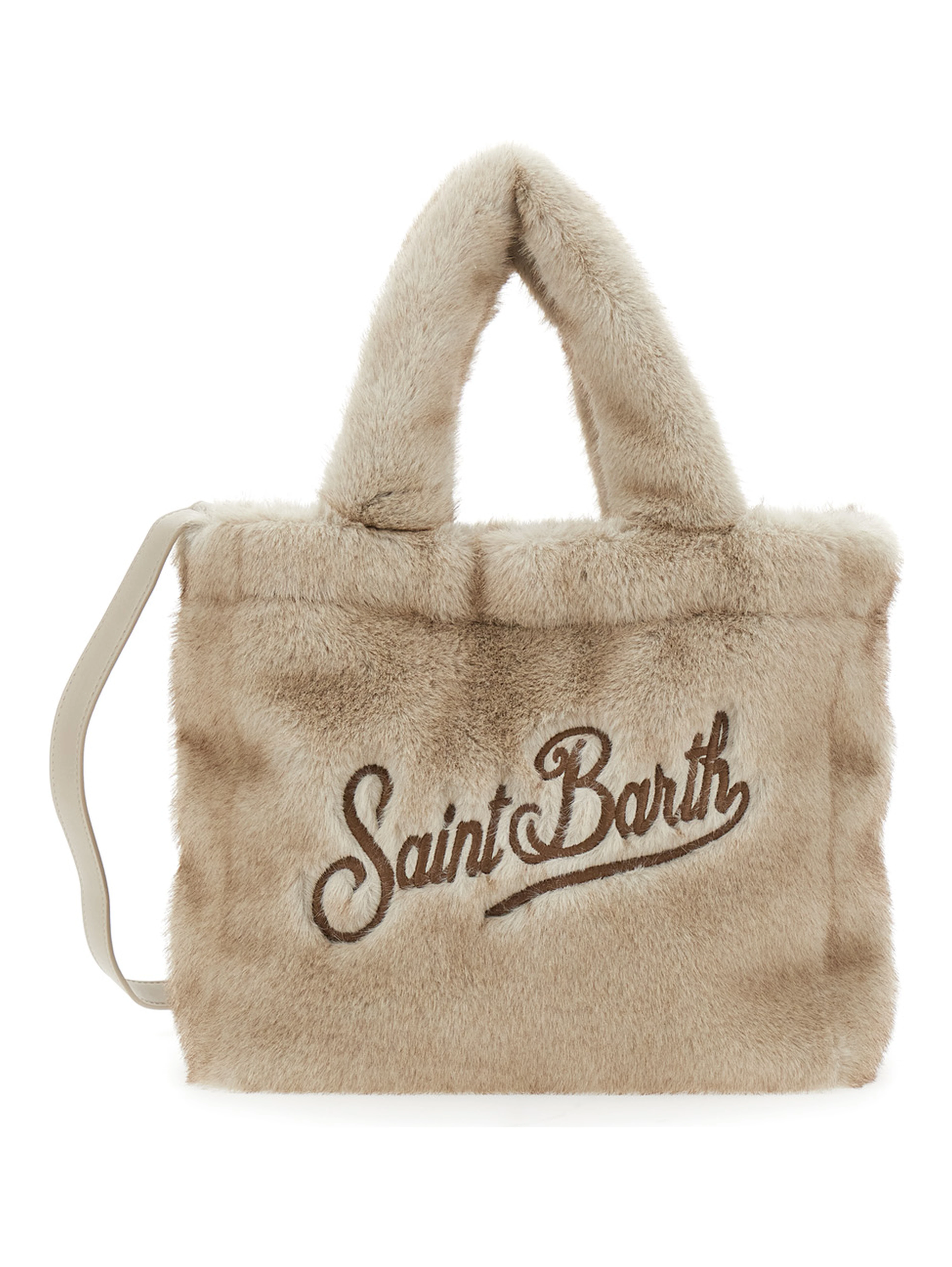 Beige Handbag with Shoulder Strap and Fur Effect in Tech Fabric for Women