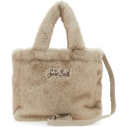 Beige Handbag with Shoulder Strap and Fur Effect in Tech Fabric for Women