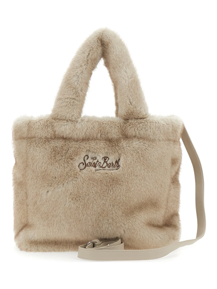 Beige Handbag with Shoulder Strap and Fur Effect in Tech Fabric for Women