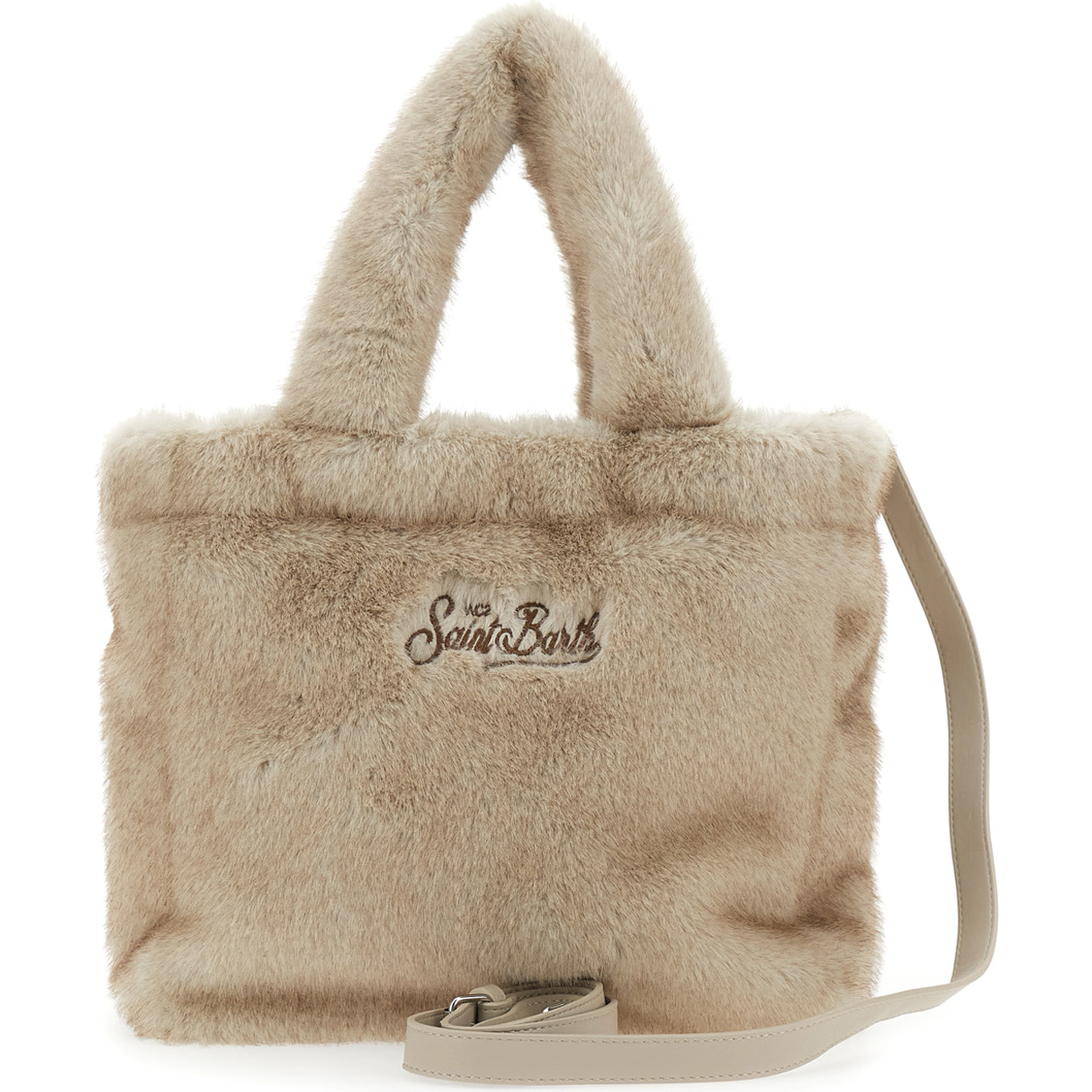 Beige Handbag with Shoulder Strap and Fur Effect in Tech Fabric for Women