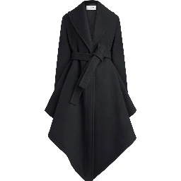 Wrap coat with collar and long sleeves in black wool for women