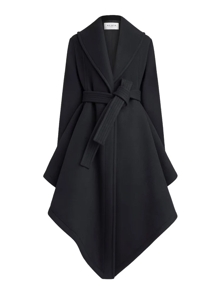 Wrap coat with collar and long sleeves in black wool for women