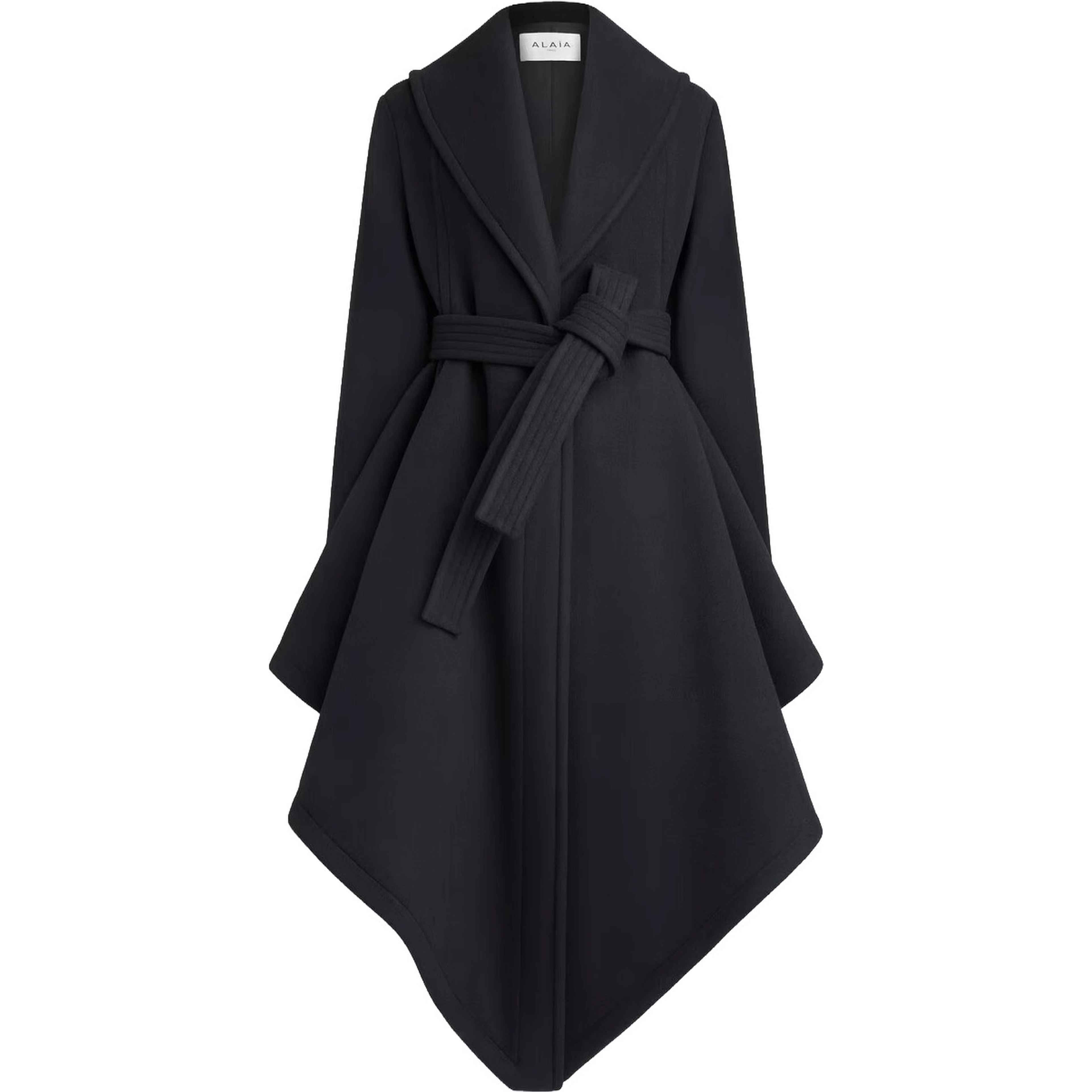 Wrap coat with collar and long sleeves in black wool for women