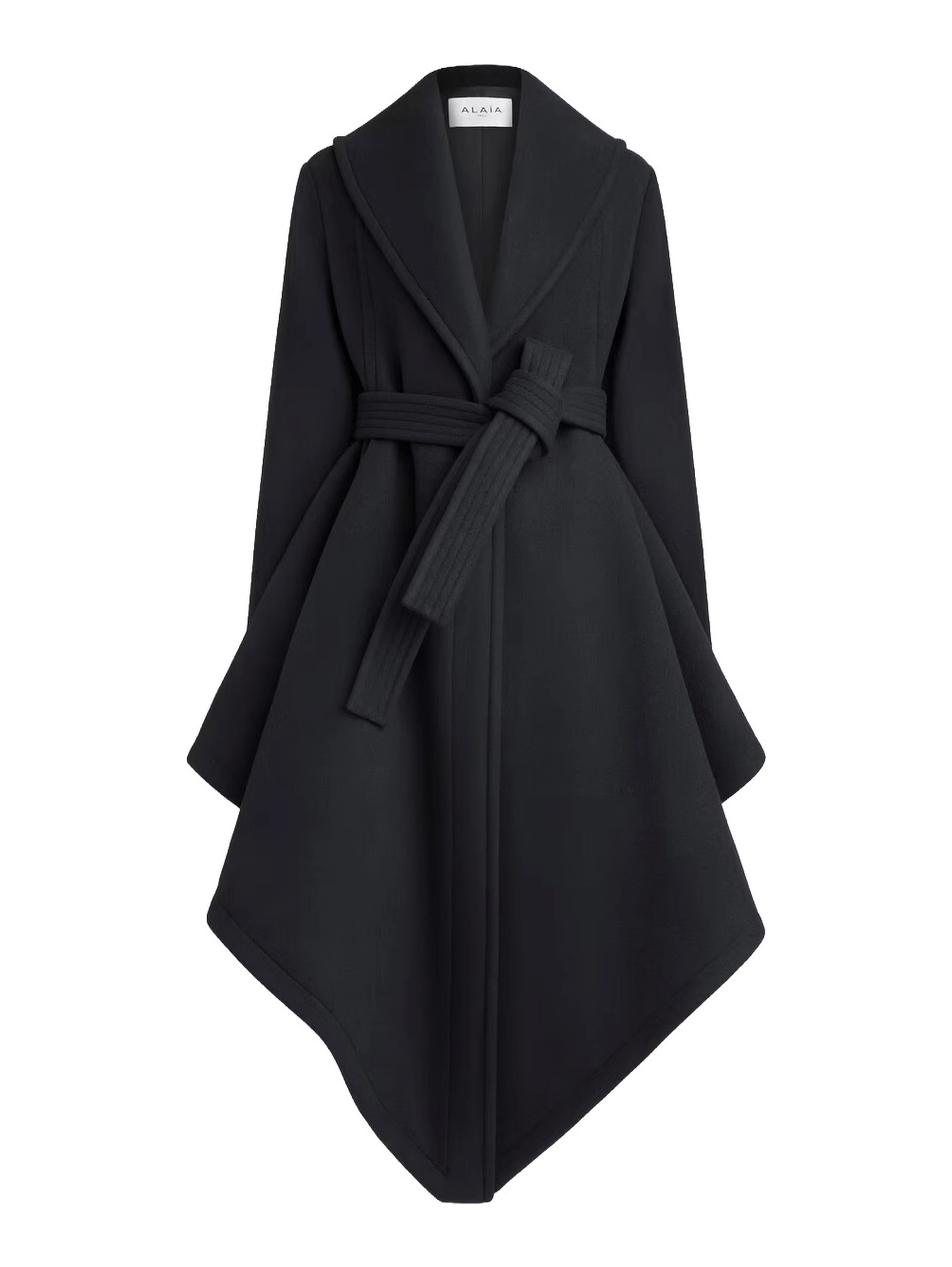 Wrap coat with collar and long sleeves in black wool for women