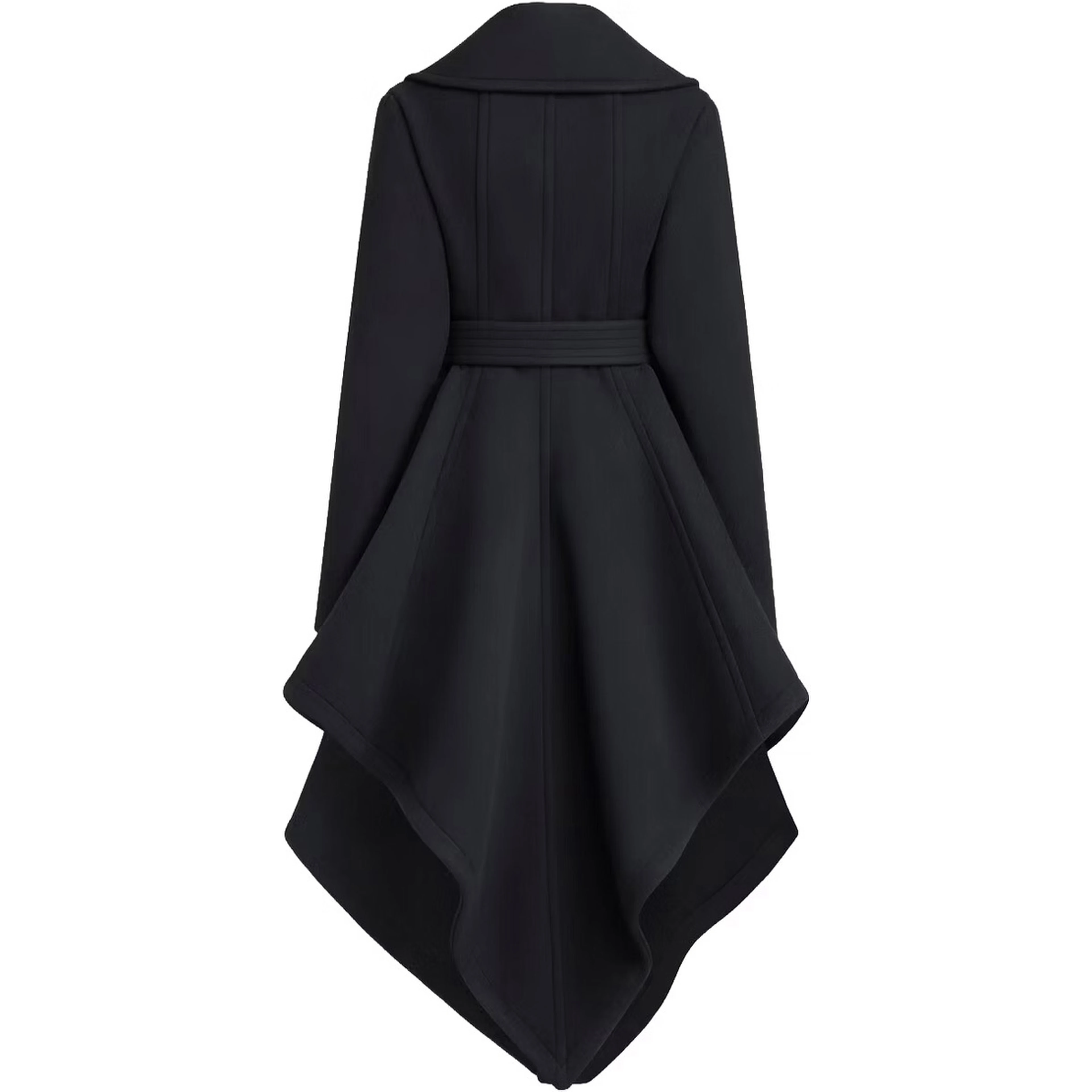 Wrap coat with collar and long sleeves in black wool for women