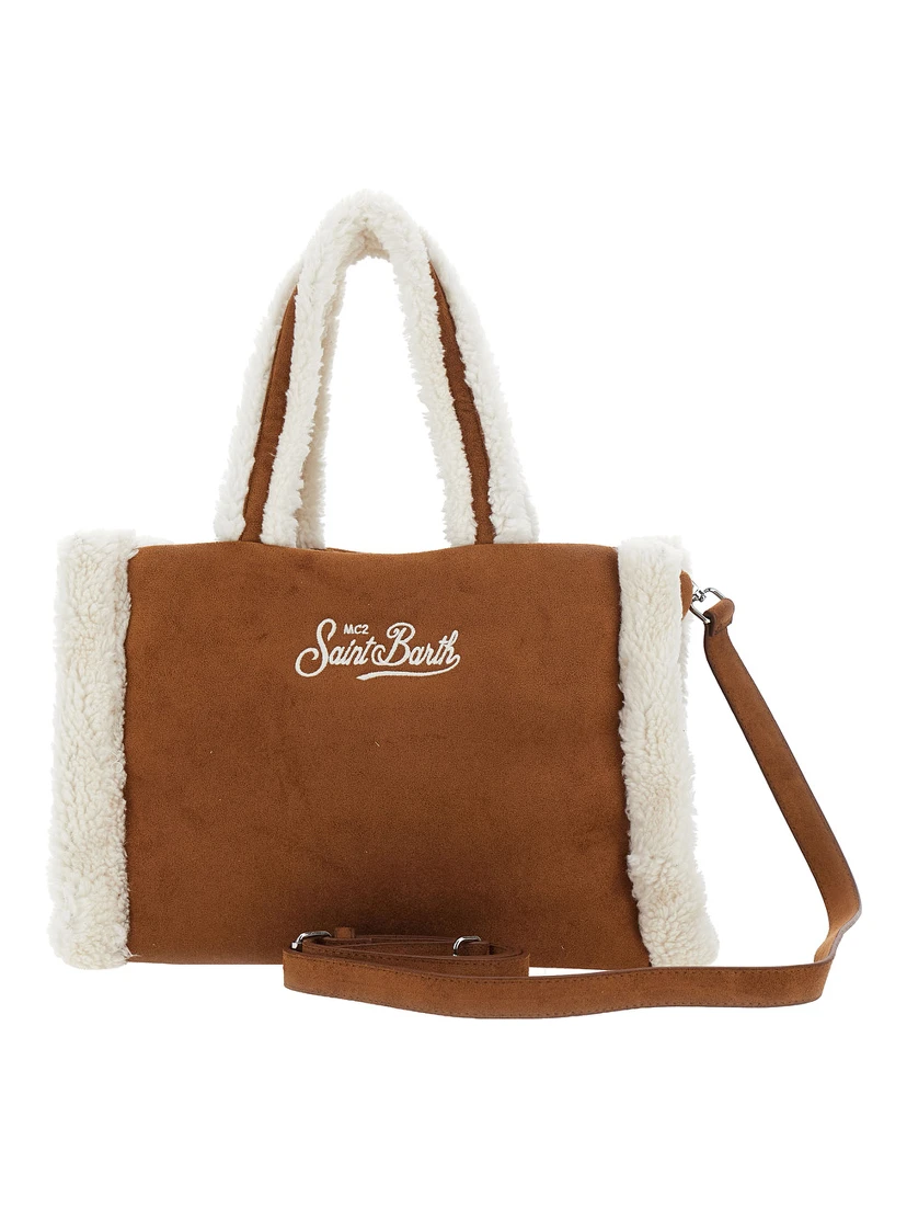 MC2 SAINT BARTH KIDS Brown women’s handbag with shoulder strap and synthetic fur in Tech Fabric