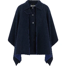 Blue Cape with High Collar and Front Zip Closure in Wool