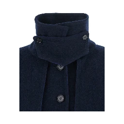 Blue Cape with High Collar and Front Zip Closure in Wool