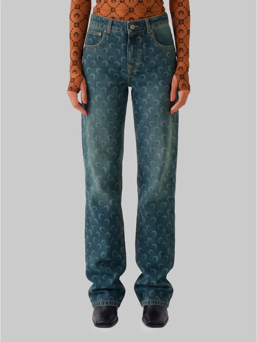 Moon laser dark blue wash denim straight jeans