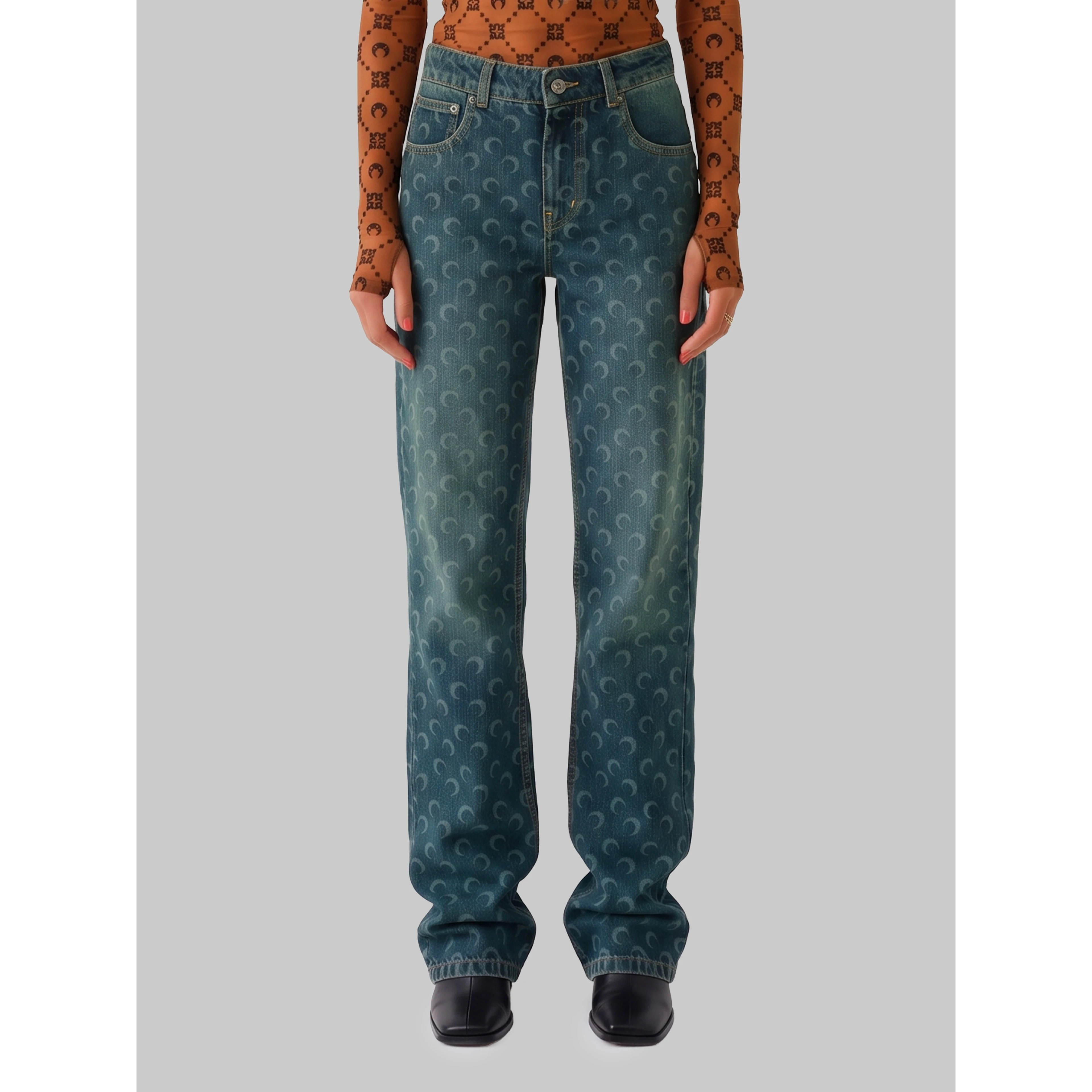 Moon laser dark blue wash denim straight jeans