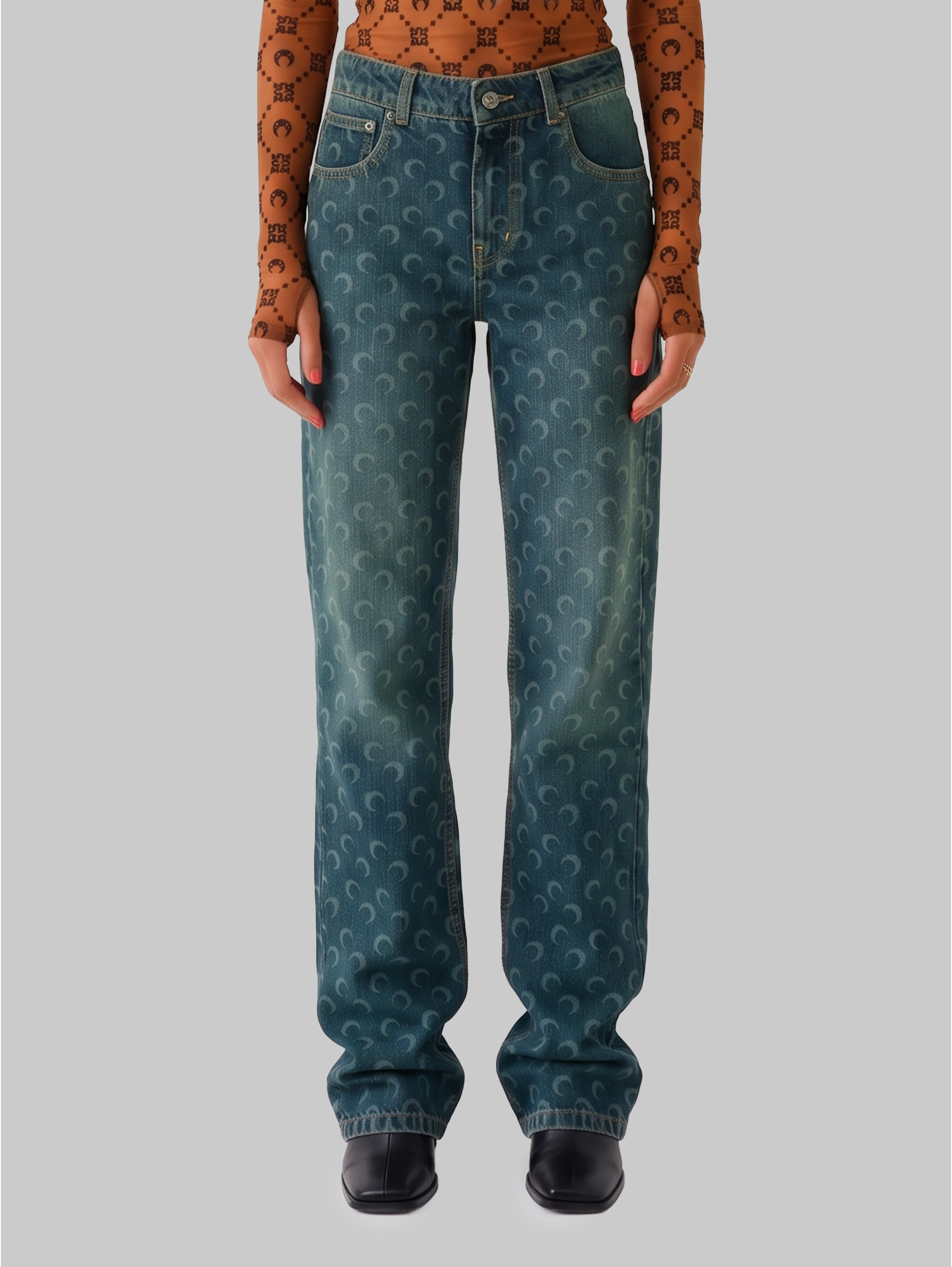Moon laser dark blue wash denim straight jeans