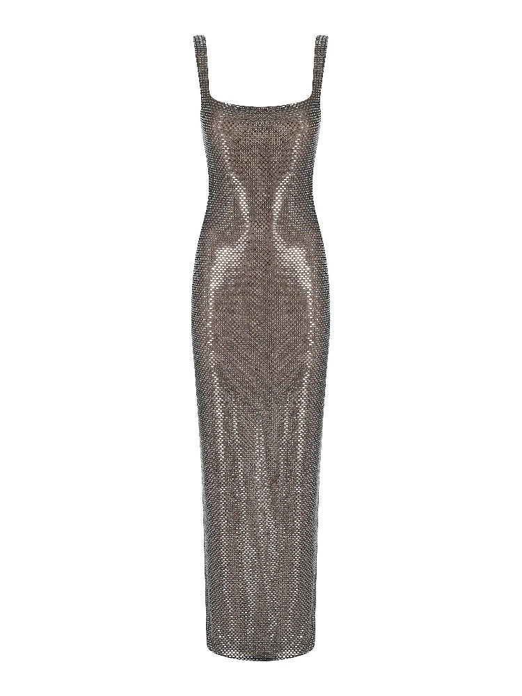 GUNMETAL SQUARE NECK RHINESTONE MAXI DRESS