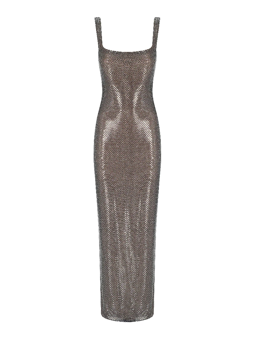 GUNMETAL SQUARE NECK RHINESTONE MAXI DRESS