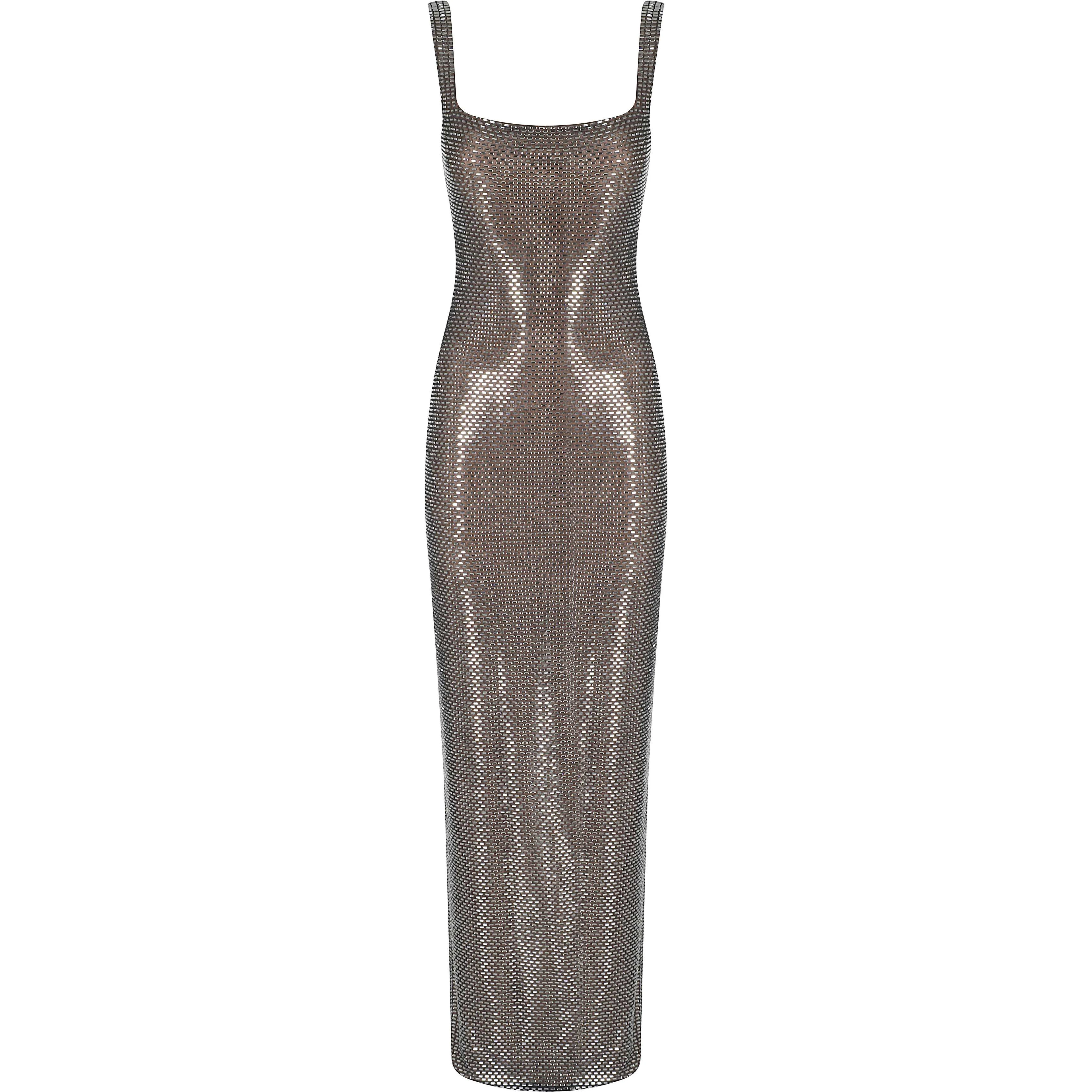 GUNMETAL SQUARE NECK RHINESTONE MAXI DRESS