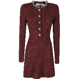 BURGUNDY TEXTURED KNIT EMBELLISHED MINI DRESS