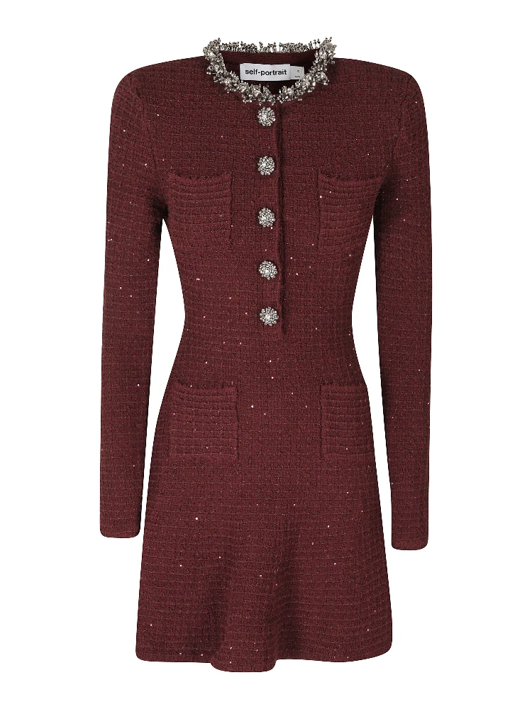 BURGUNDY TEXTURED KNIT EMBELLISHED MINI DRESS