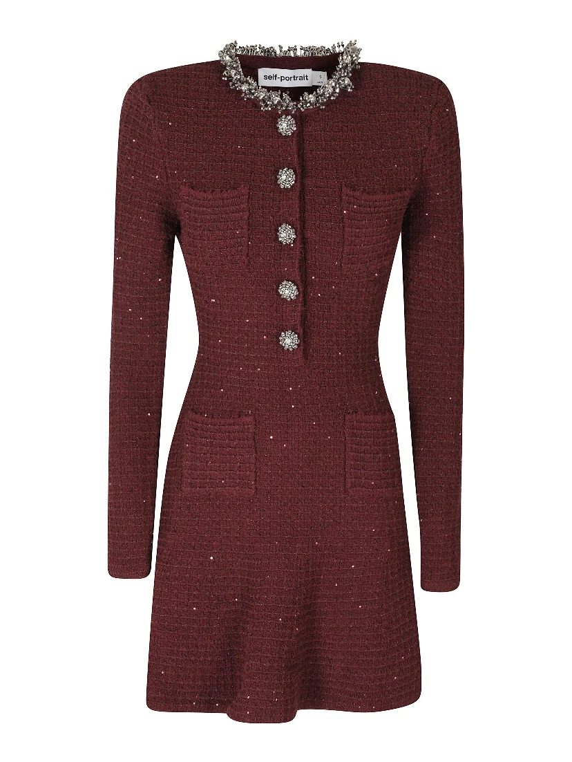 BURGUNDY TEXTURED KNIT EMBELLISHED MINI DRESS
