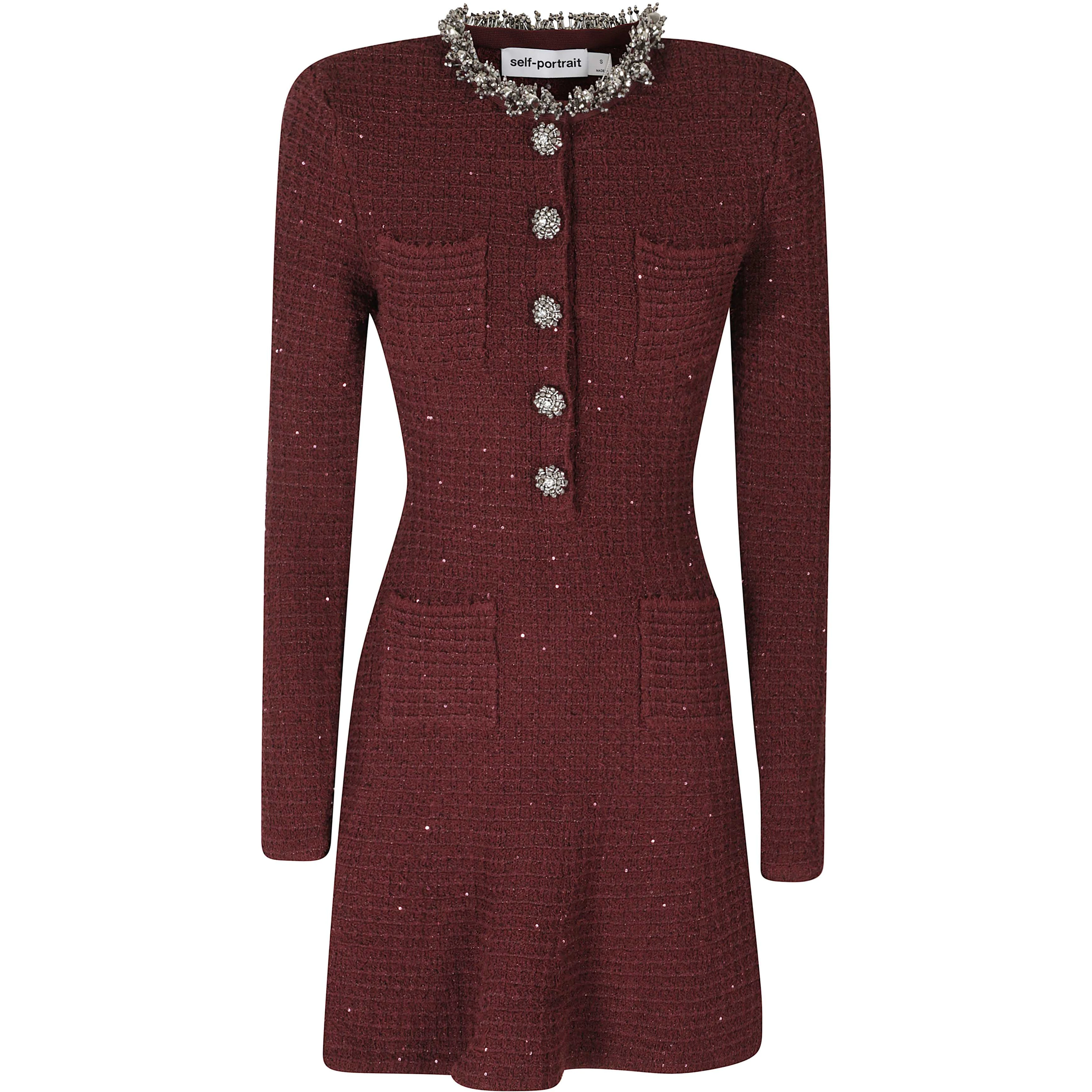 BURGUNDY TEXTURED KNIT EMBELLISHED MINI DRESS