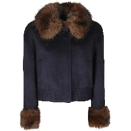 NAVY WOOL FUR TRIM JACKET