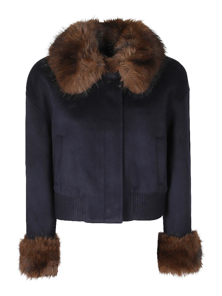 NAVY WOOL FUR TRIM JACKET