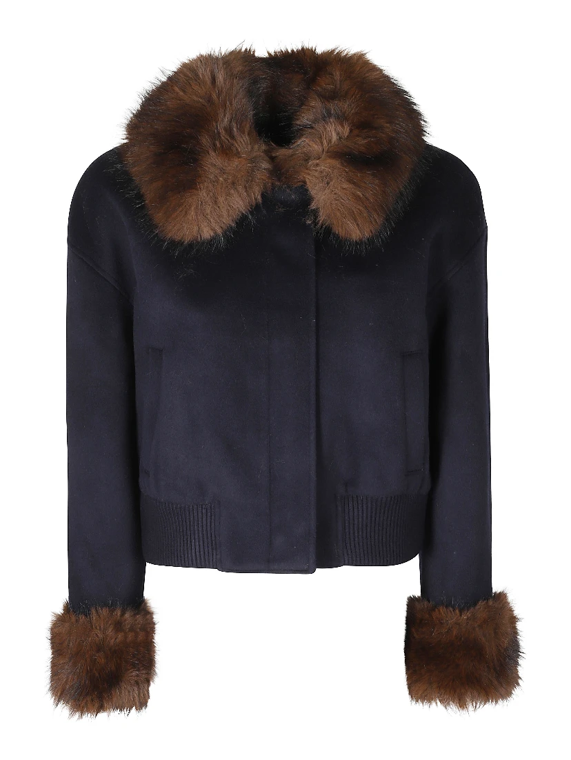 NAVY WOOL FUR TRIM JACKET