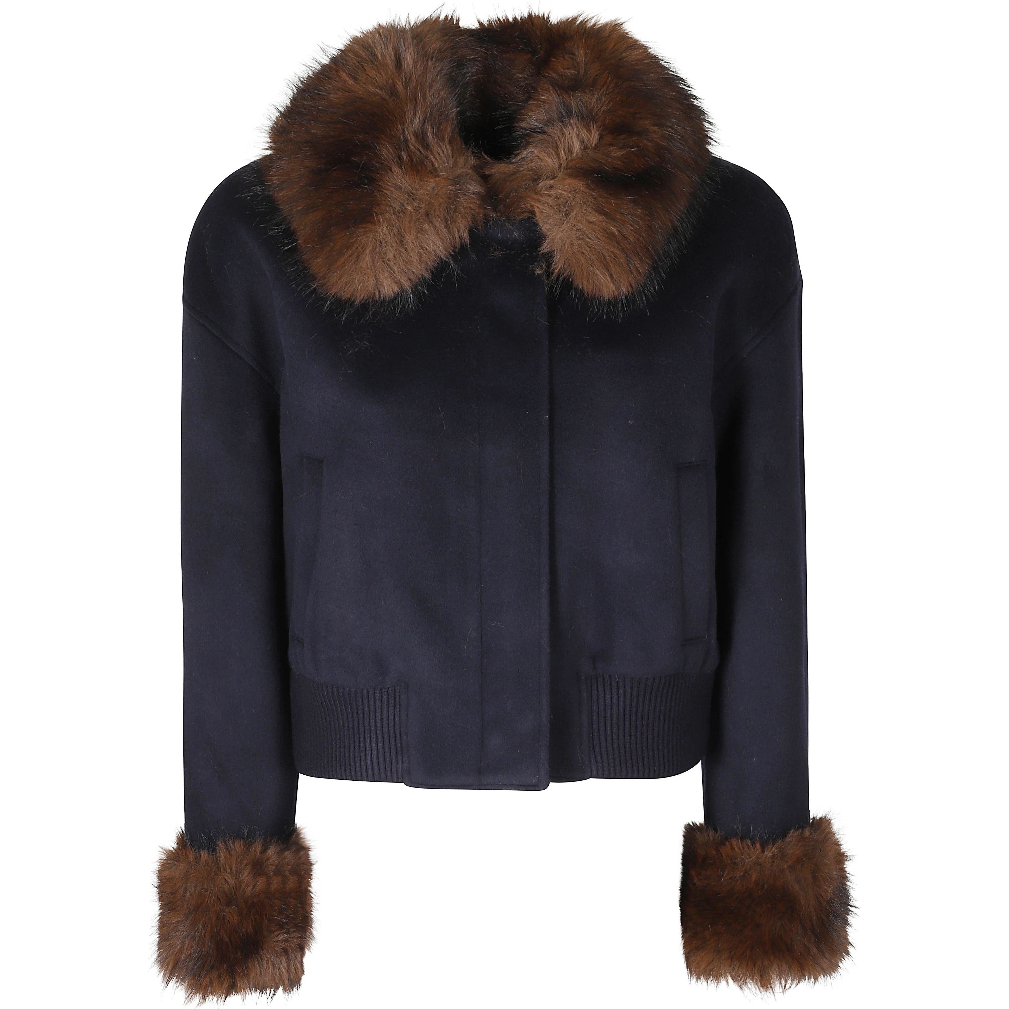 NAVY WOOL FUR TRIM JACKET