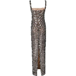 GUNMETAL SQUARE NECK RHINESTONE MAXI DRESS