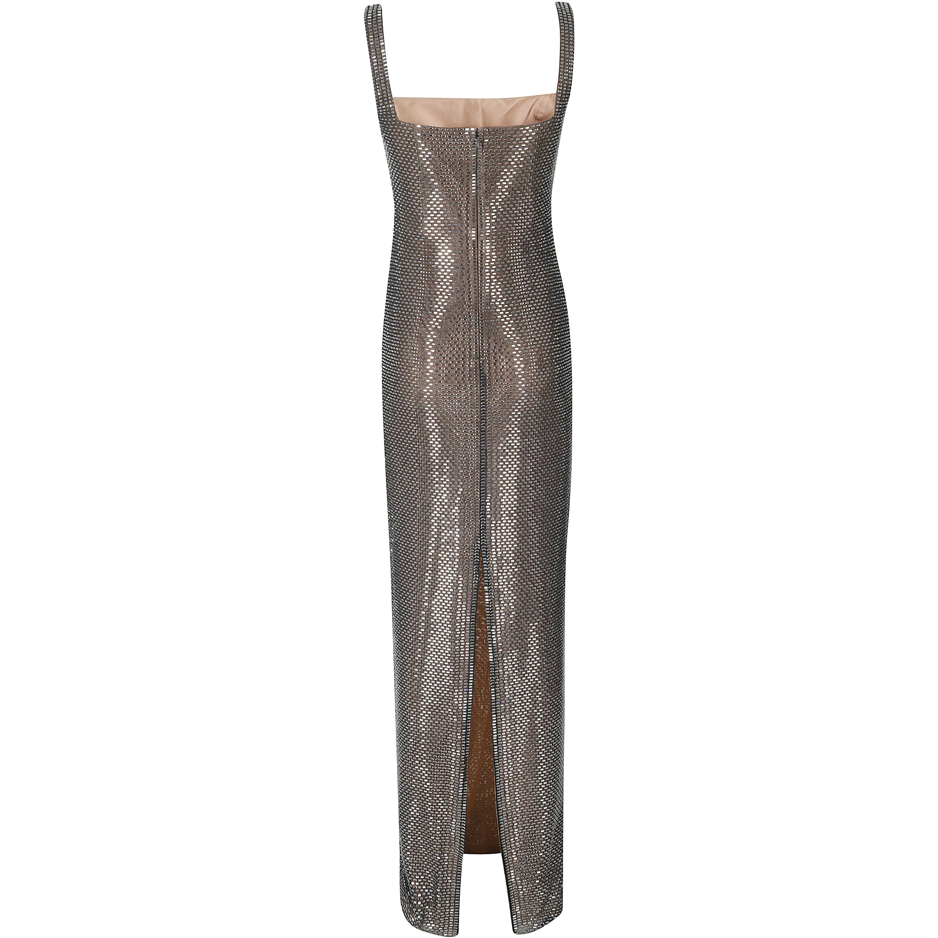 GUNMETAL SQUARE NECK RHINESTONE MAXI DRESS