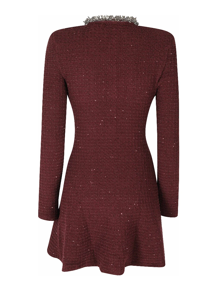 BURGUNDY TEXTURED KNIT EMBELLISHED MINI DRESS