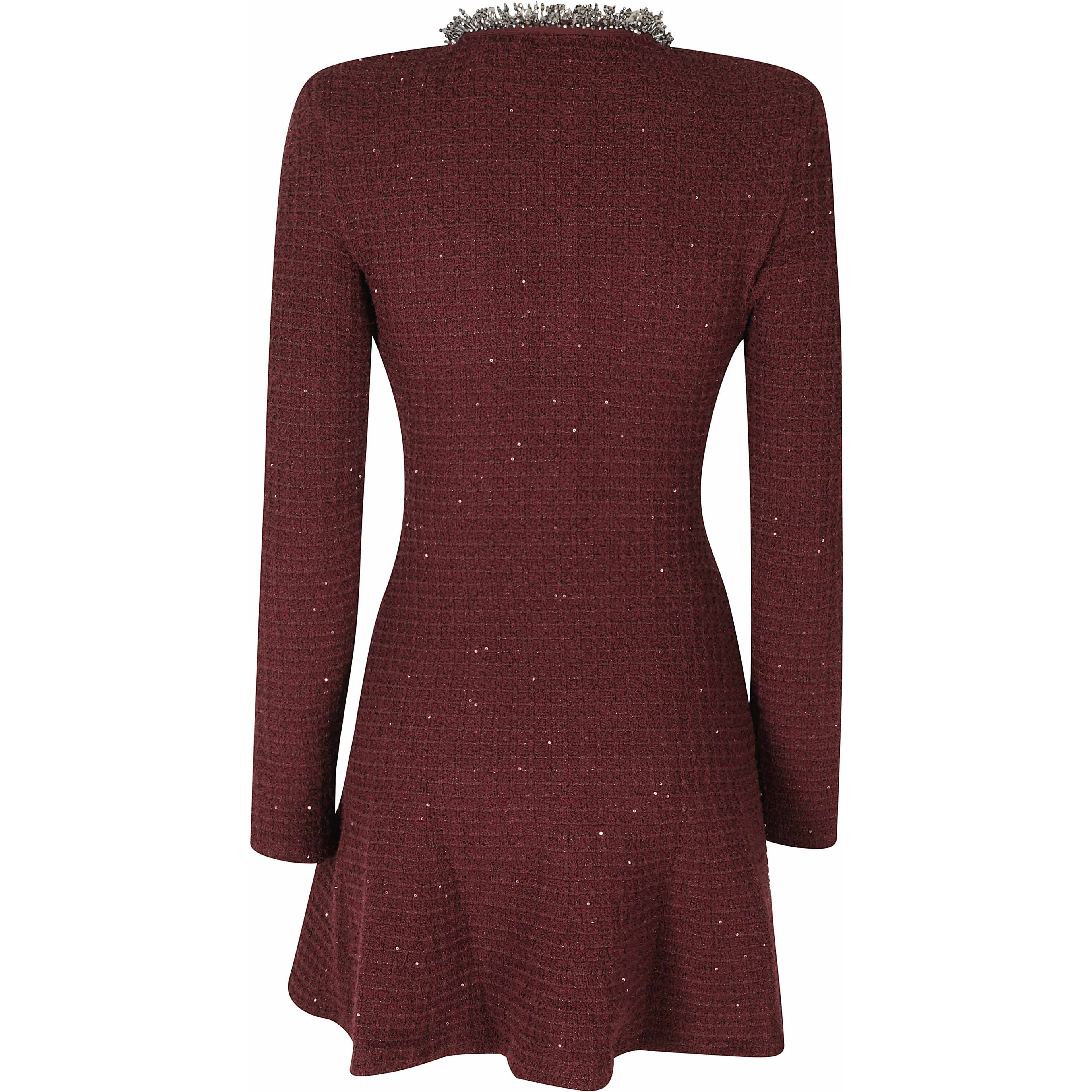 BURGUNDY TEXTURED KNIT EMBELLISHED MINI DRESS