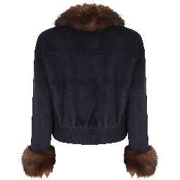 NAVY WOOL FUR TRIM JACKET