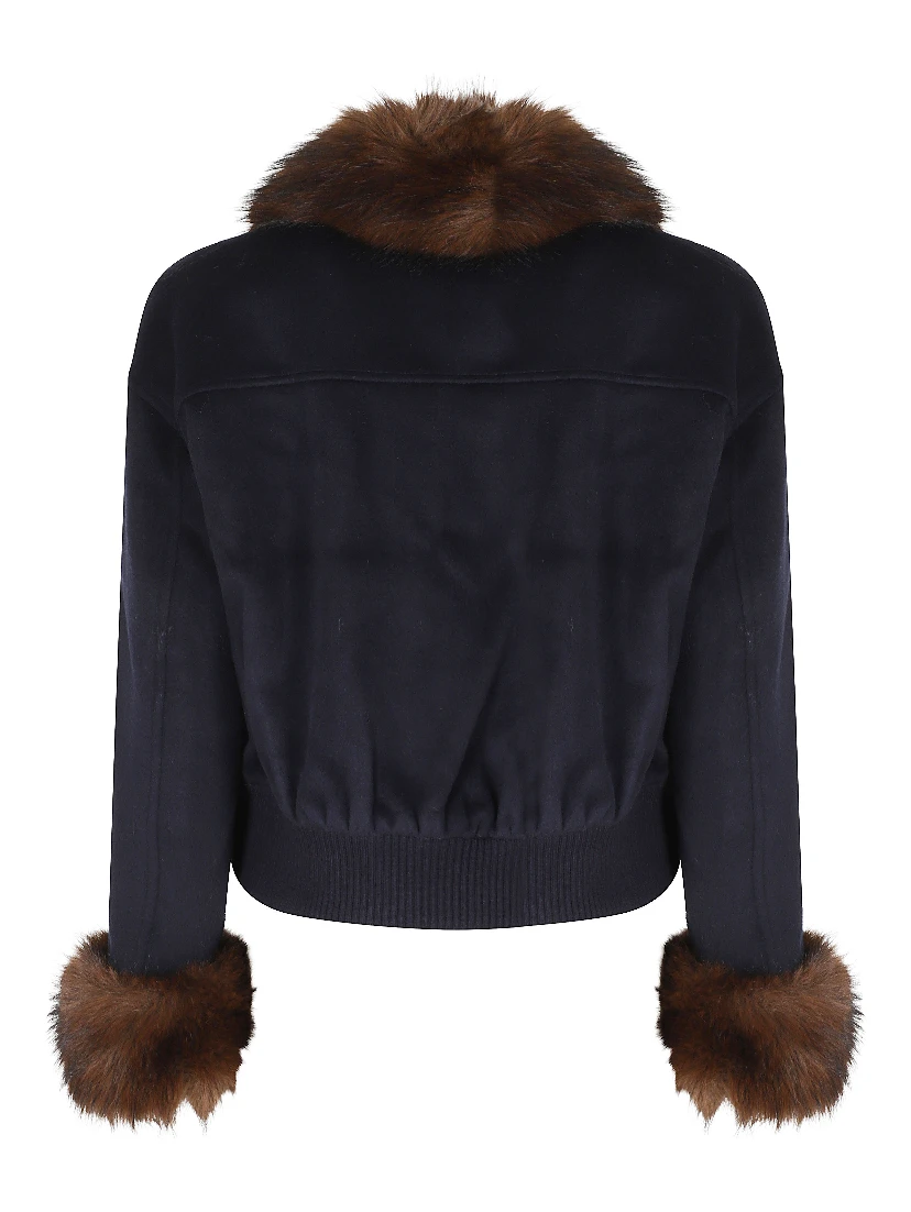 NAVY WOOL FUR TRIM JACKET