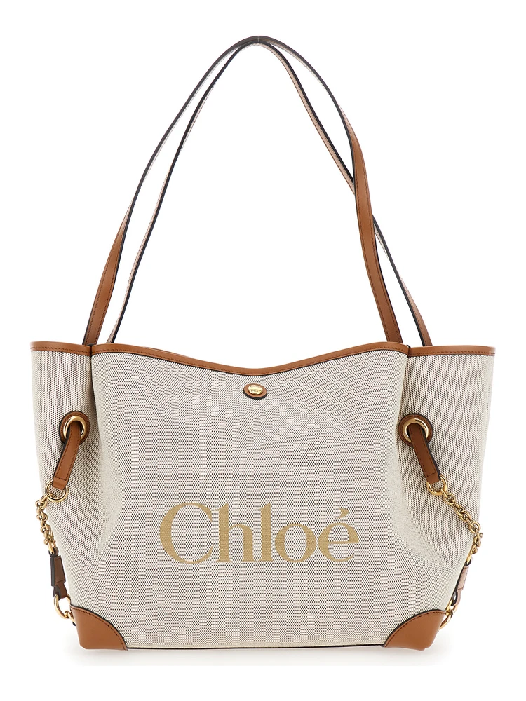 Shopper Bag Clover with Logo Lettering on the Front and Magnetic Closure in Brown Cotton for Women