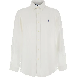 Custom-Fit White Shirt with Button-Down Collar and Logo on the Front in Linen Man