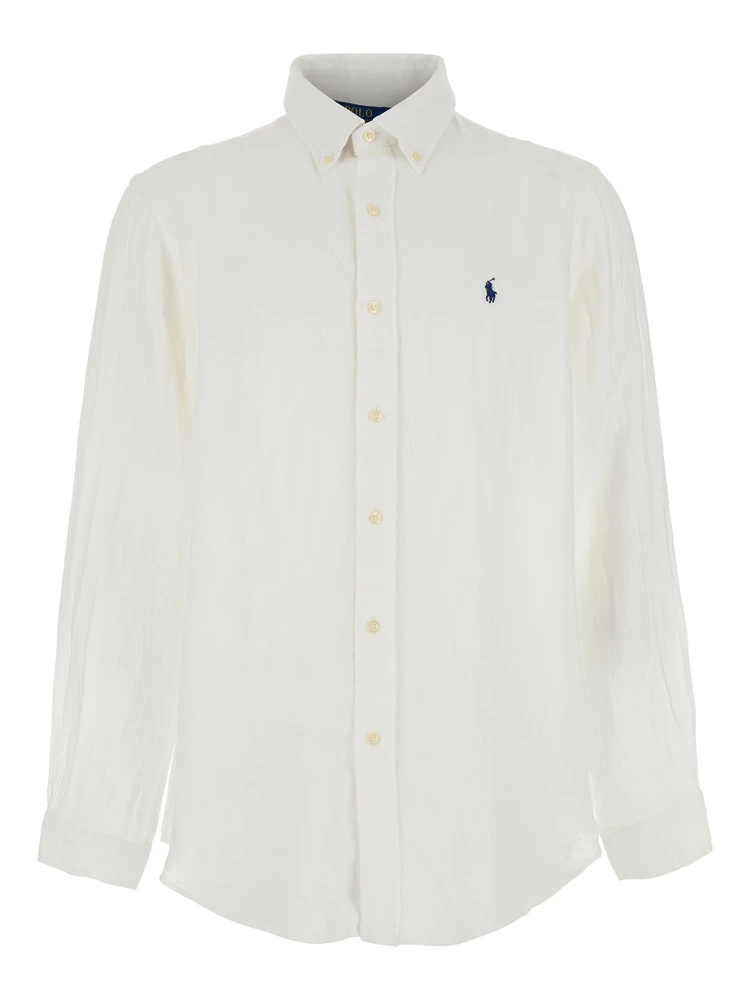 Custom-Fit White Shirt with Button-Down Collar and Logo on the Front in Linen Man